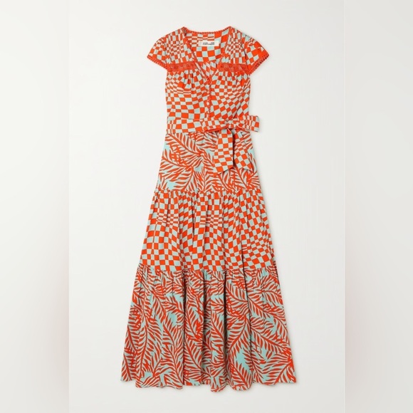 Diane Von Furstenberg Dresses & Skirts - DIANE VON FURSTENBERG Sinead Belted Printed Crochet-Trimmed Poplin Midi Dress